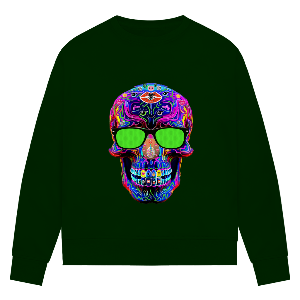 Damen Premium Bio Sweatshirt Skull with green Glasses