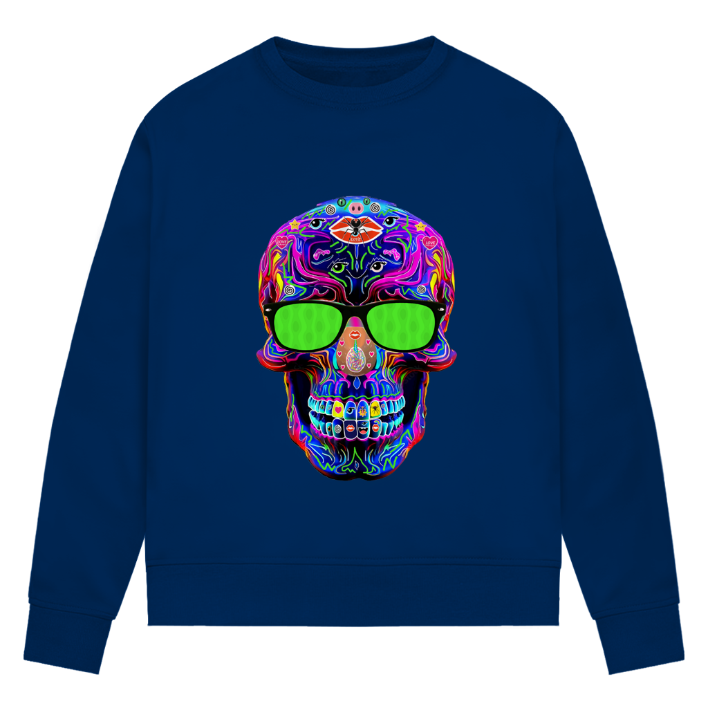 Damen Premium Bio Sweatshirt Skull with green Glasses