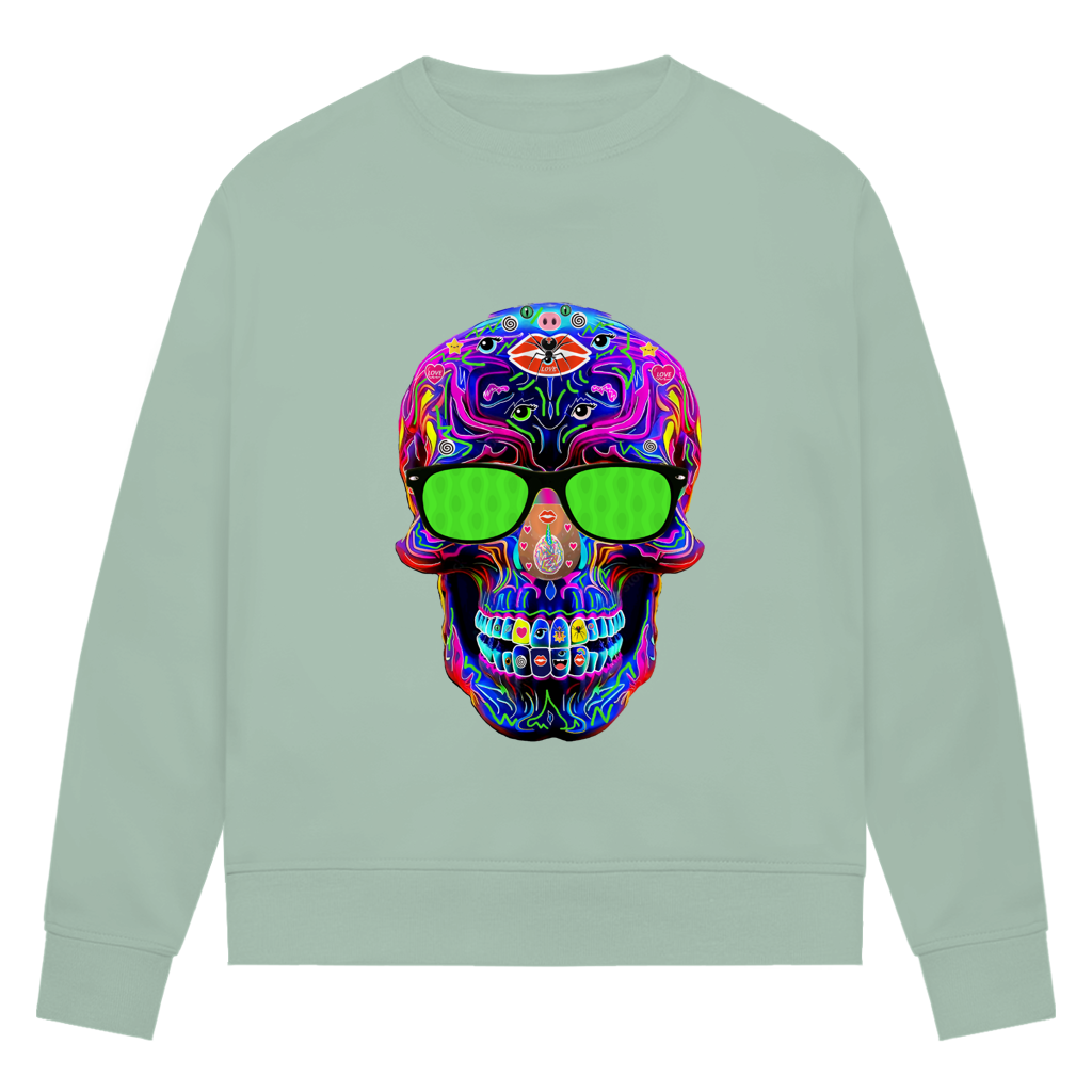 Damen Premium Bio Sweatshirt Skull with green Glasses