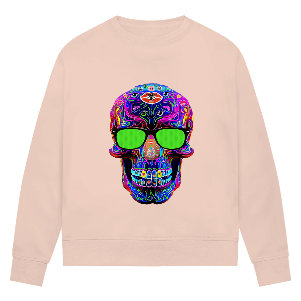 Damen Premium Bio Sweatshirt Skull with green Glasses