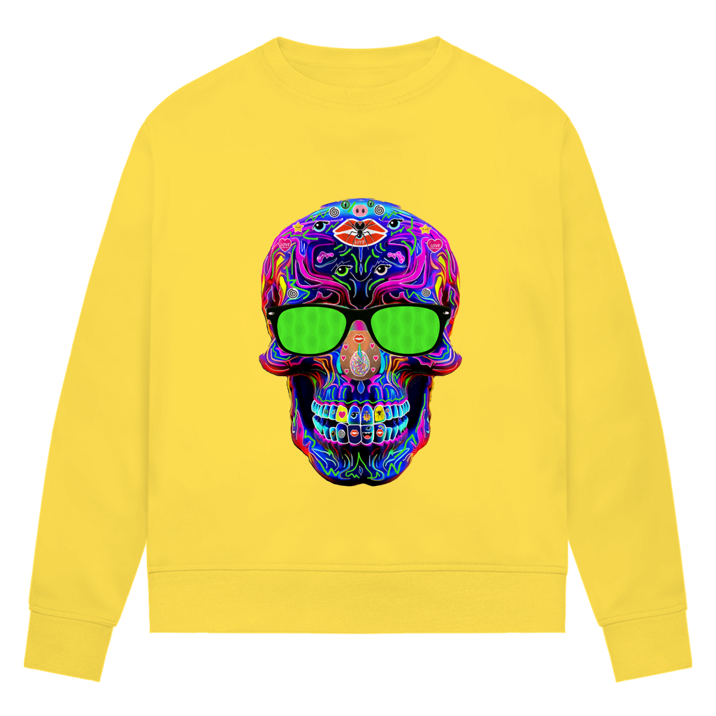 Damen Premium Bio Sweatshirt Skull with green Glasses