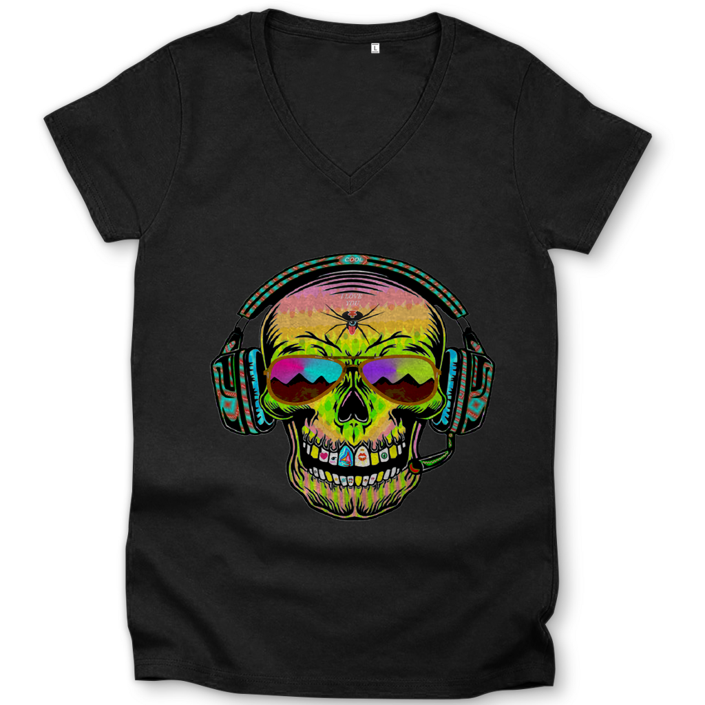 Damen Premium Bio V-Neck T-Shirt Skull Musik