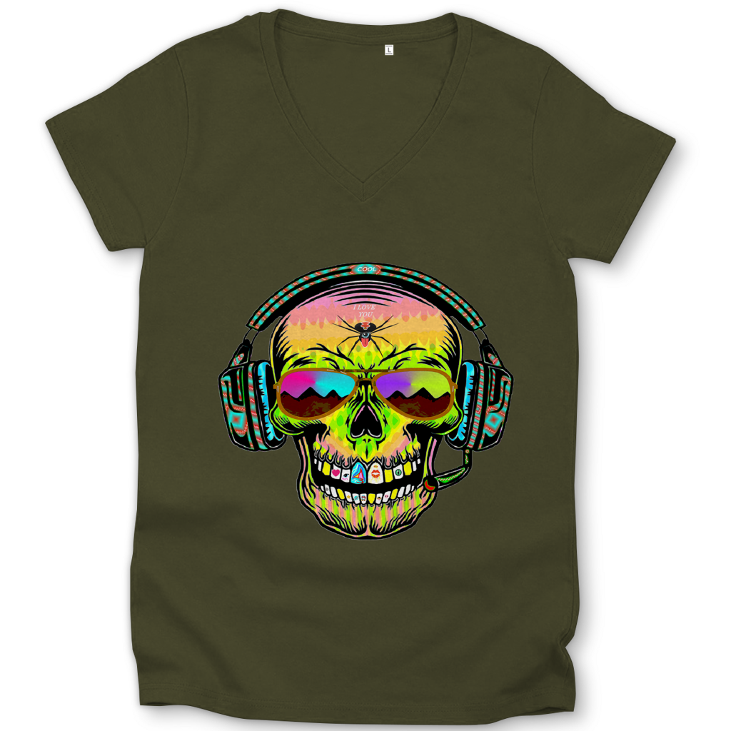 Damen Premium Bio V-Neck T-Shirt Skull Musik