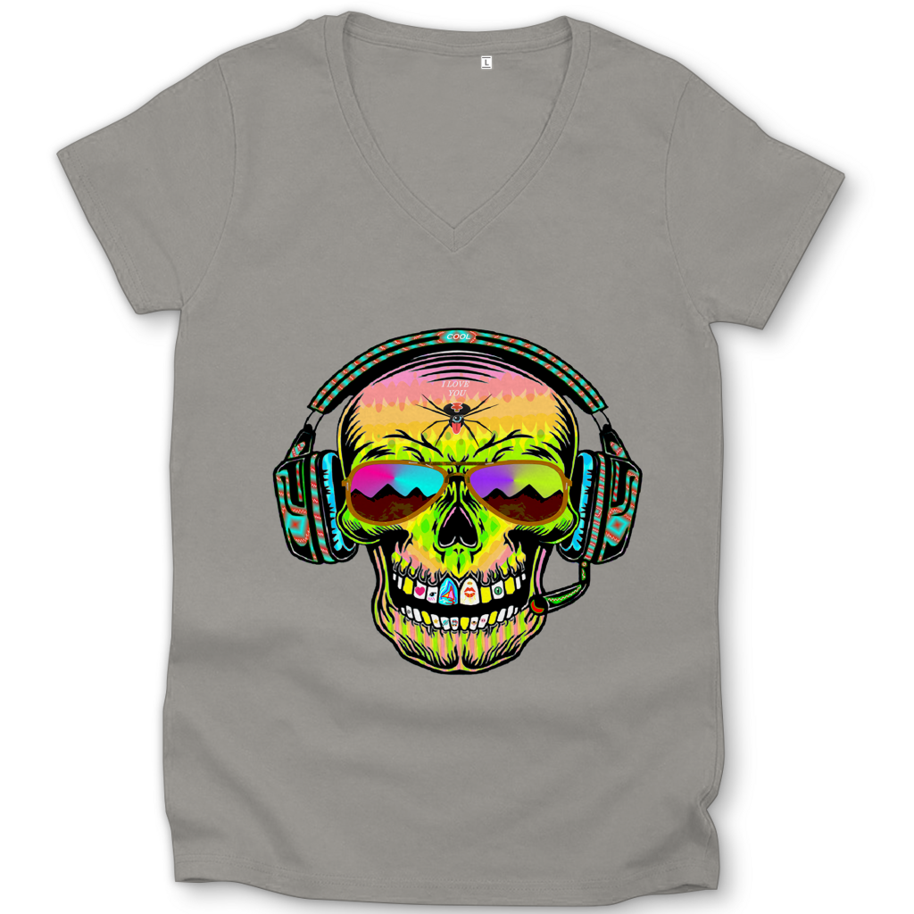 Damen Premium Bio V-Neck T-Shirt Skull Musik