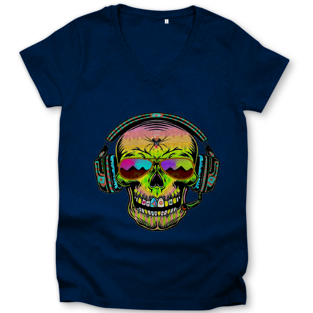Damen Premium Bio V-Neck T-Shirt Skull Musik