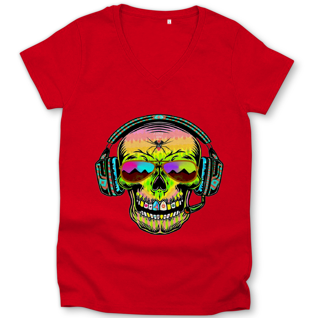 Damen Premium Bio V-Neck T-Shirt Skull Musik
