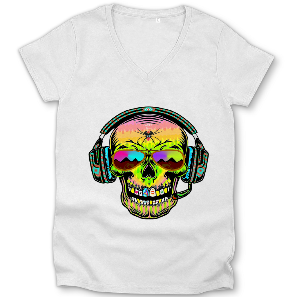 Damen Premium Bio V-Neck T-Shirt Skull Musik