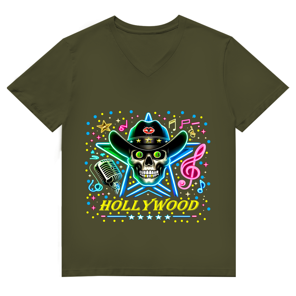 Herren Premium Bio V-Neck T-Shirt Superstar Skull Hollywood