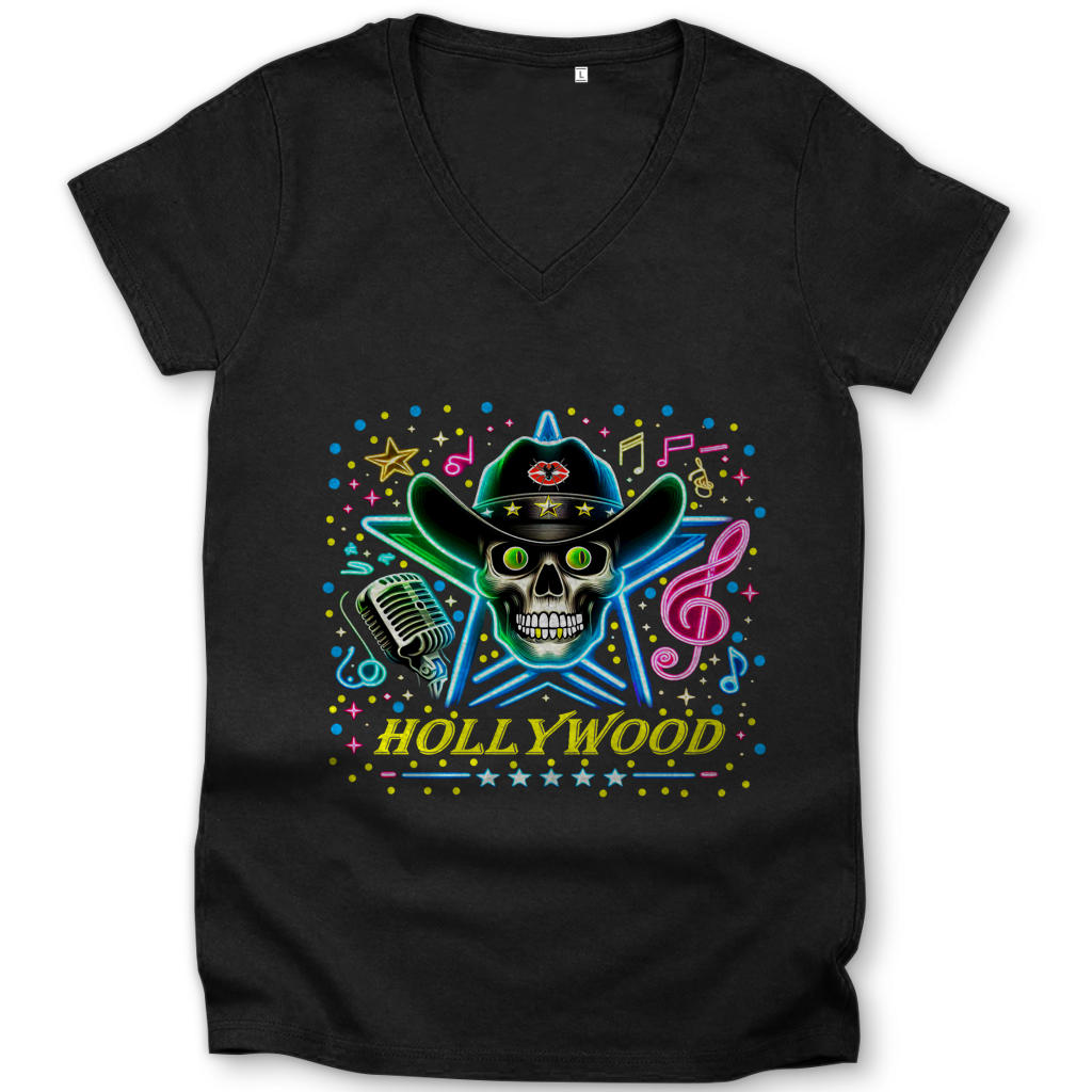 Damen Premium Bio V-Neck T-Shirt Superstar Skull Hollywood