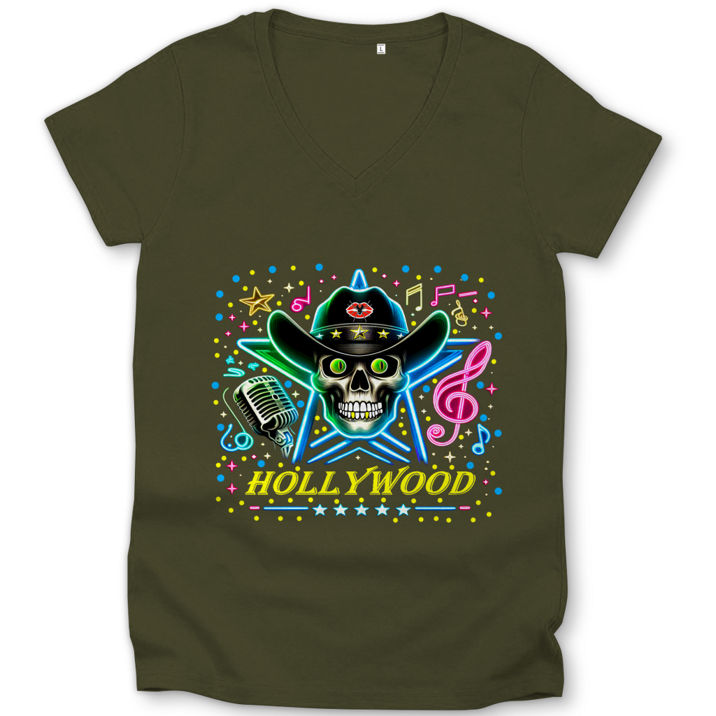 Damen Premium Bio V-Neck T-Shirt Superstar Skull Hollywood