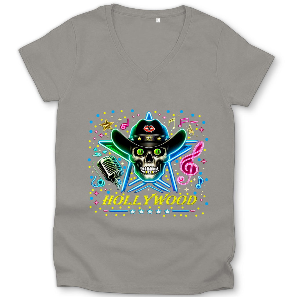 Damen Premium Bio V-Neck T-Shirt Superstar Skull Hollywood