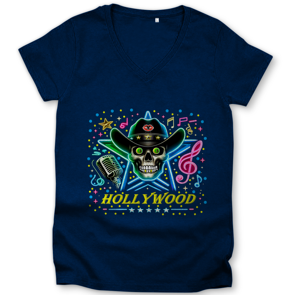 Damen Premium Bio V-Neck T-Shirt Superstar Skull Hollywood