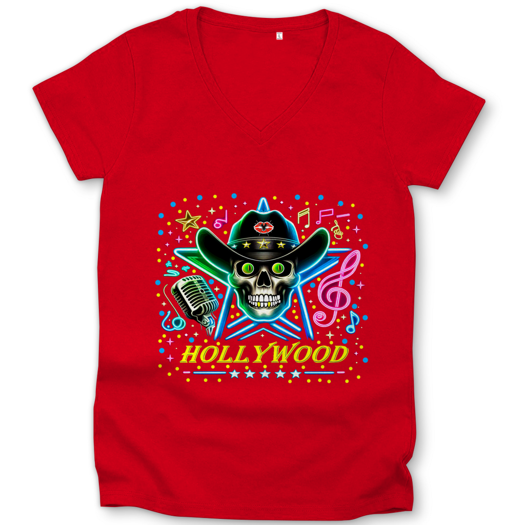 Damen Premium Bio V-Neck T-Shirt Superstar Skull Hollywood