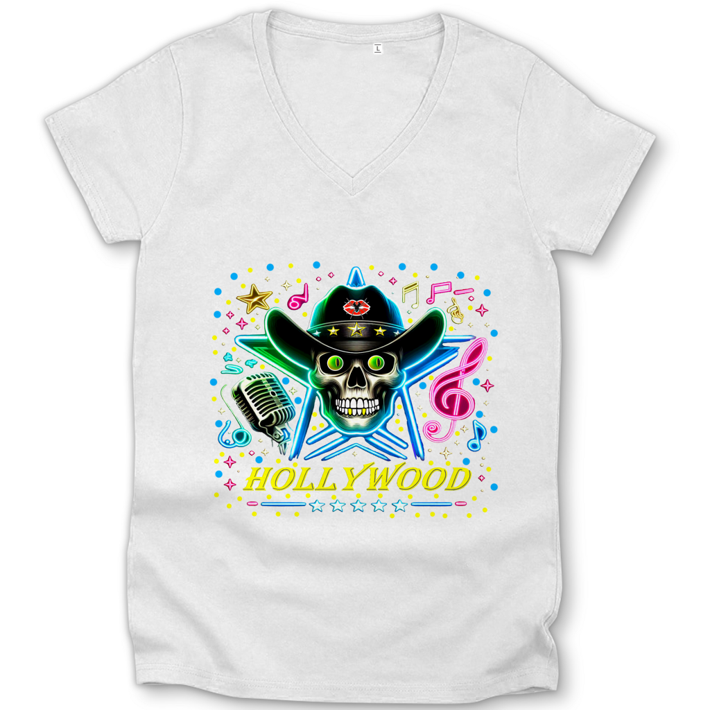 Damen Premium Bio V-Neck T-Shirt Superstar Skull Hollywood