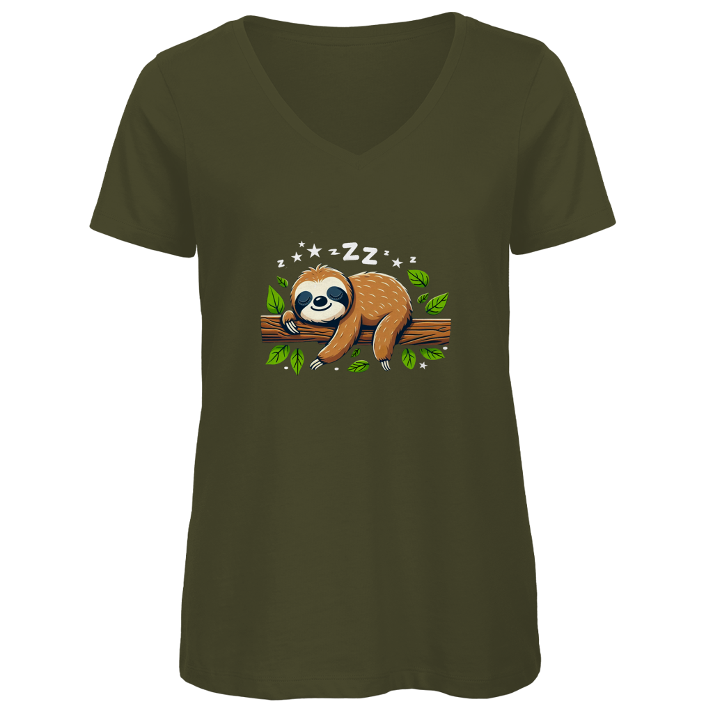 Damen Premium Bio V-Neck T-Shirt Faultier
