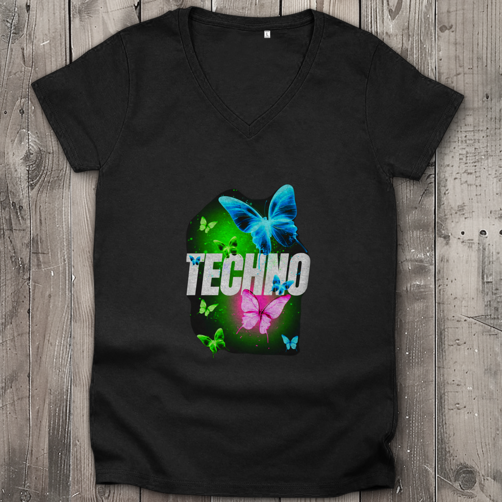 Damen Premium Bio V-Neck T-Shirt Techno Butterfly