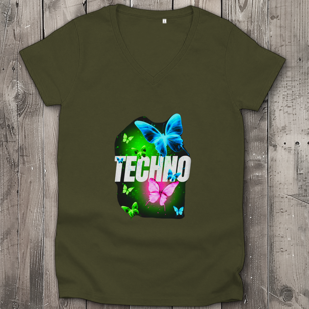 Damen Premium Bio V-Neck T-Shirt Techno Butterfly