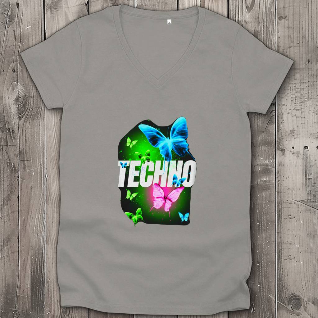 Damen Premium Bio V-Neck T-Shirt Techno Butterfly
