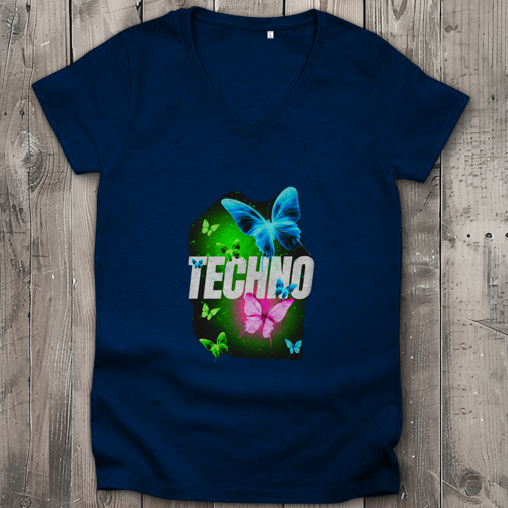 Damen Premium Bio V-Neck T-Shirt Techno Butterfly