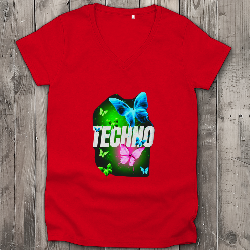 Damen Premium Bio V-Neck T-Shirt Techno Butterfly