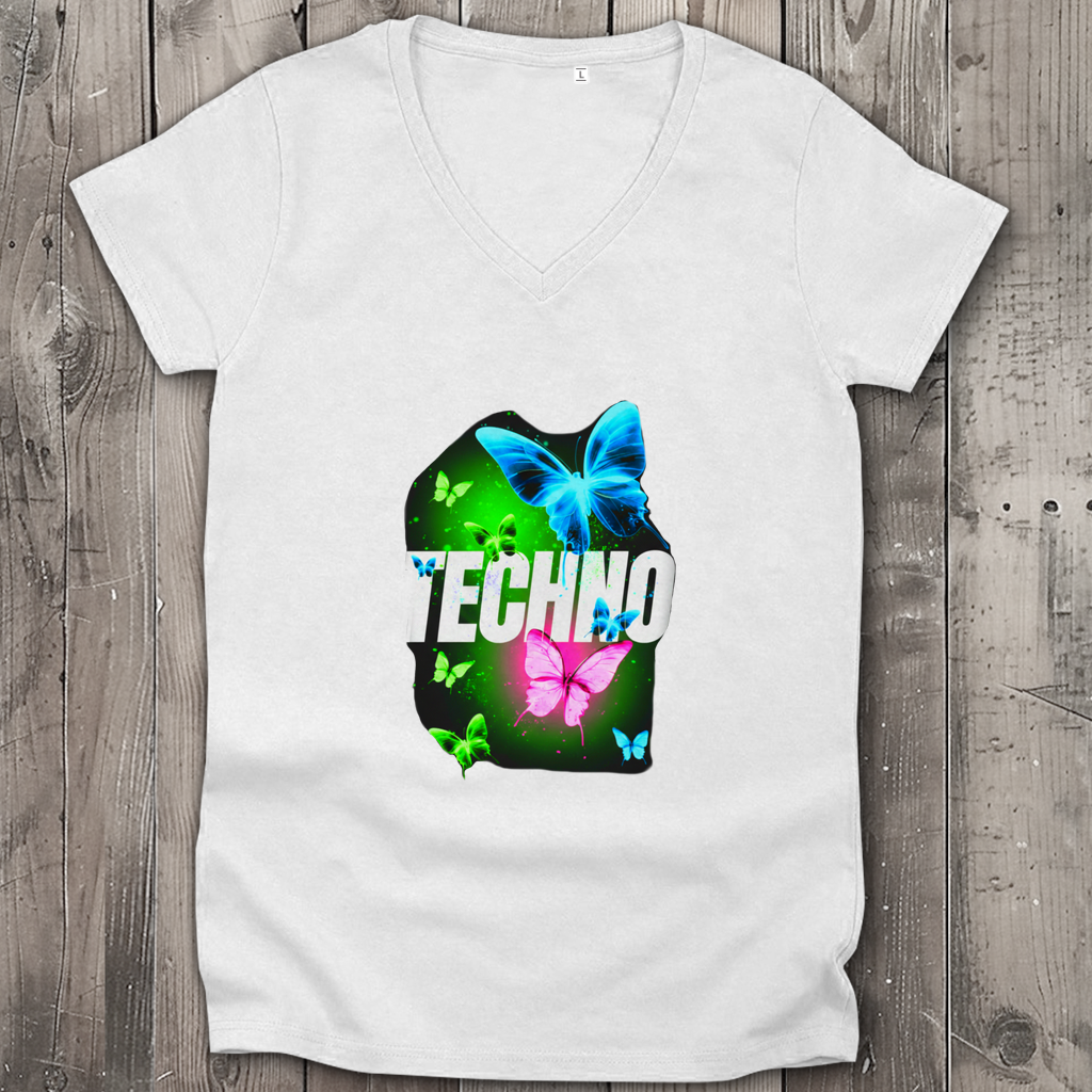 Damen Premium Bio V-Neck T-Shirt Techno Butterfly