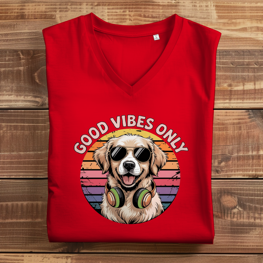 Damen Premium Bio V-Neck T-Shirt Good vibes only with dog
