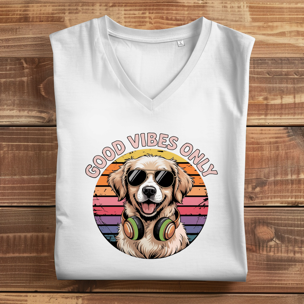 Damen Premium Bio V-Neck T-Shirt Good vibes only with dog