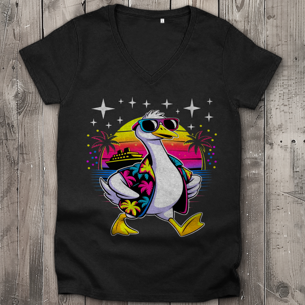 Damen Premium Bio V-Neck T-Shirt Hans the Duck on Vacation