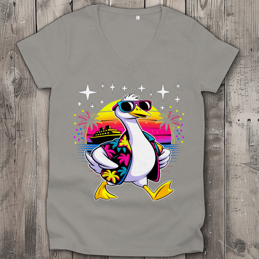 Damen Premium Bio V-Neck T-Shirt Hans the Duck on Vacation