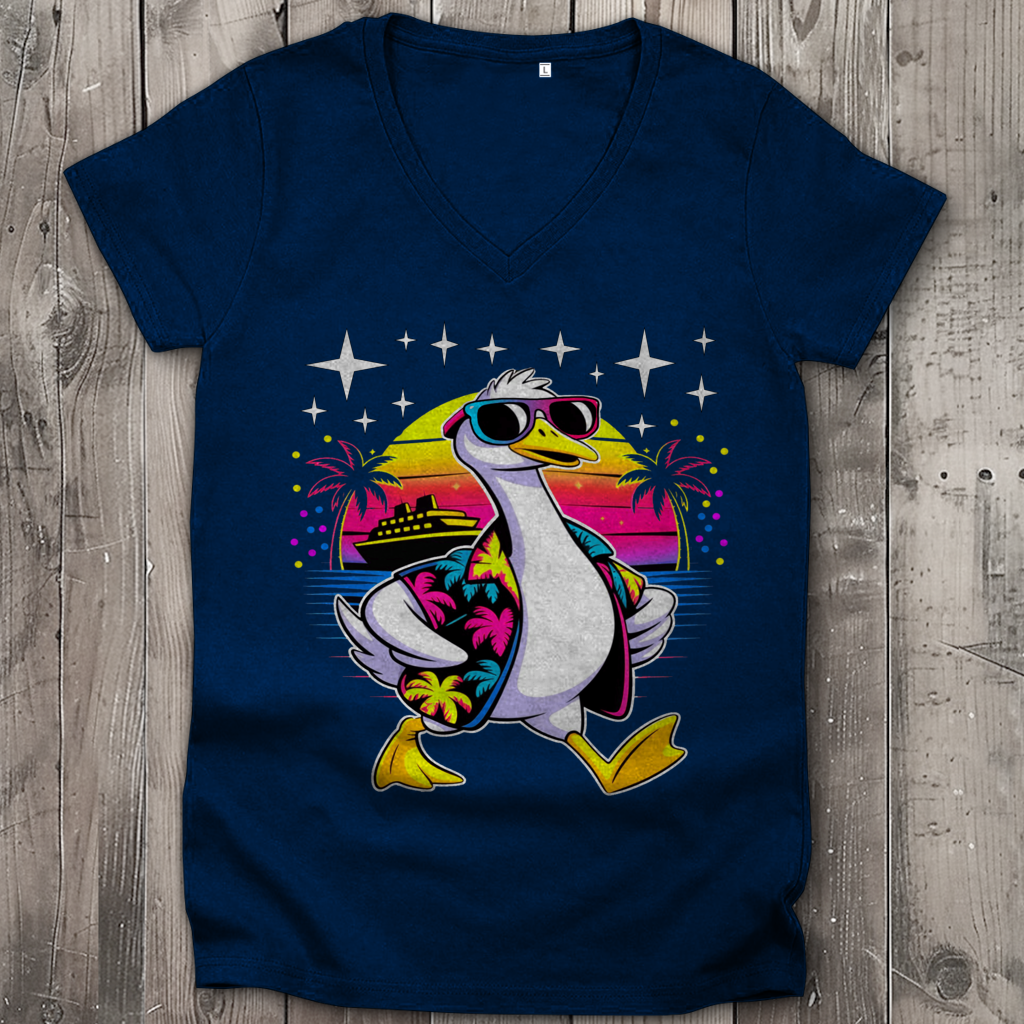 Damen Premium Bio V-Neck T-Shirt Hans the Duck on Vacation
