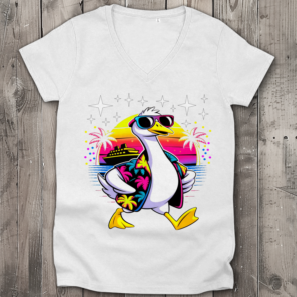 Damen Premium Bio V-Neck T-Shirt Hans the Duck on Vacation