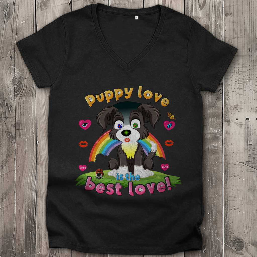 Damen Premium Bio V-Neck T-Shirt Puppy love Dog