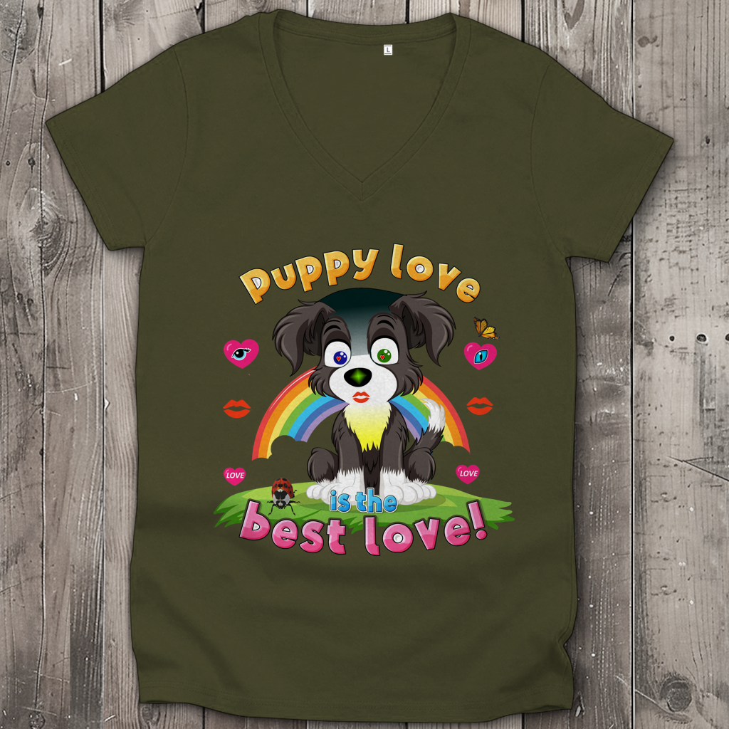 Damen Premium Bio V-Neck T-Shirt Puppy love Dog