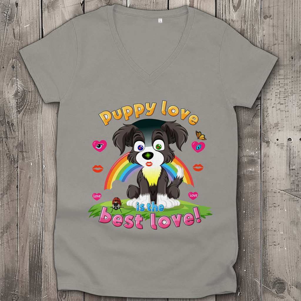 Damen Premium Bio V-Neck T-Shirt Puppy love Dog