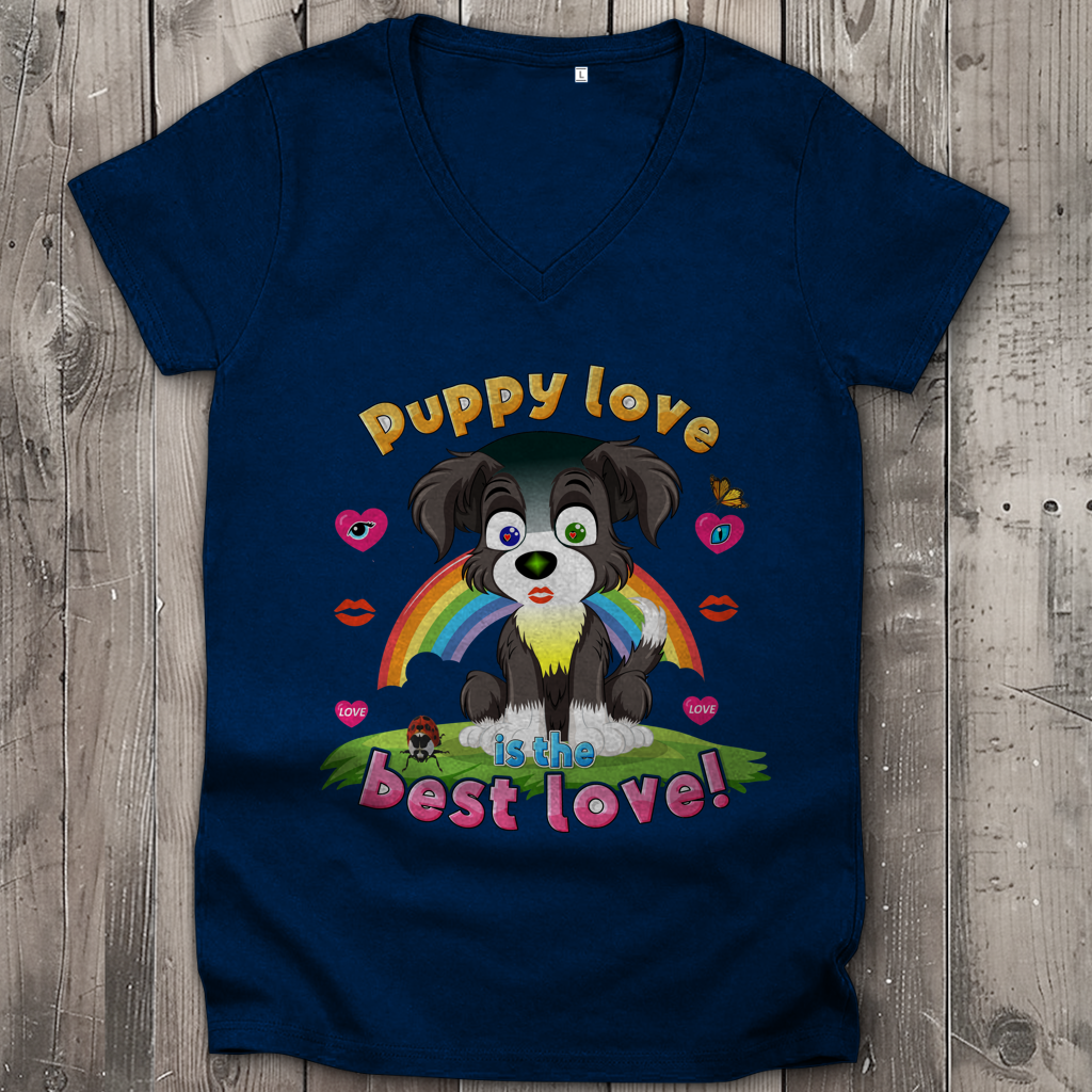 Damen Premium Bio V-Neck T-Shirt Puppy love Dog