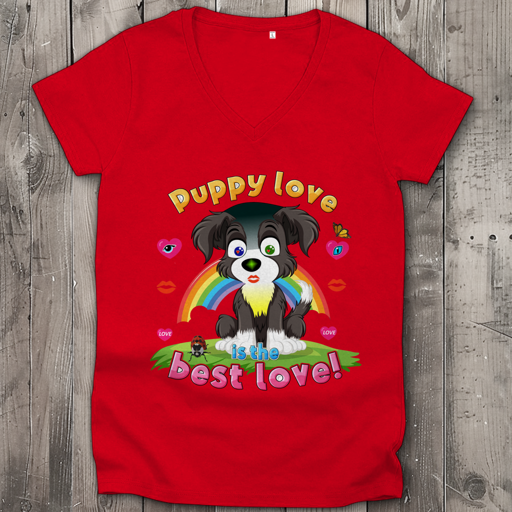 Damen Premium Bio V-Neck T-Shirt Puppy love Dog