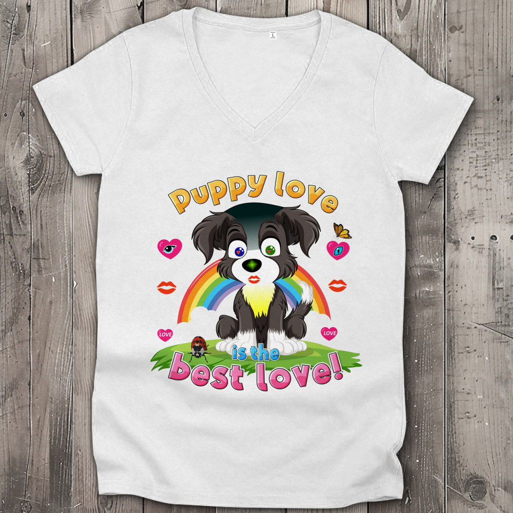 Damen Premium Bio V-Neck T-Shirt Puppy love Dog