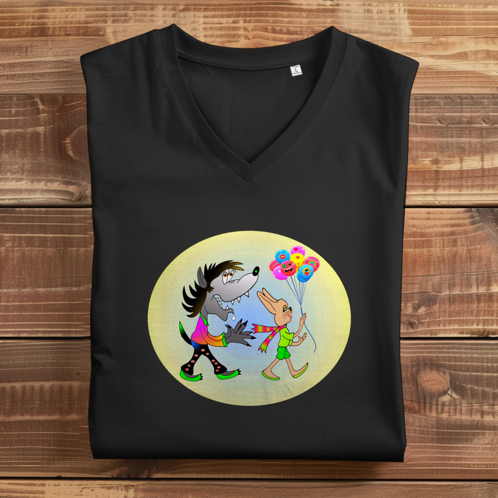 Damen Premium Bio V-Neck T-Shirt Hase und Wolf