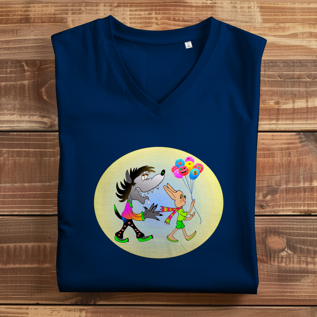 Damen Premium Bio V-Neck T-Shirt Hase und Wolf