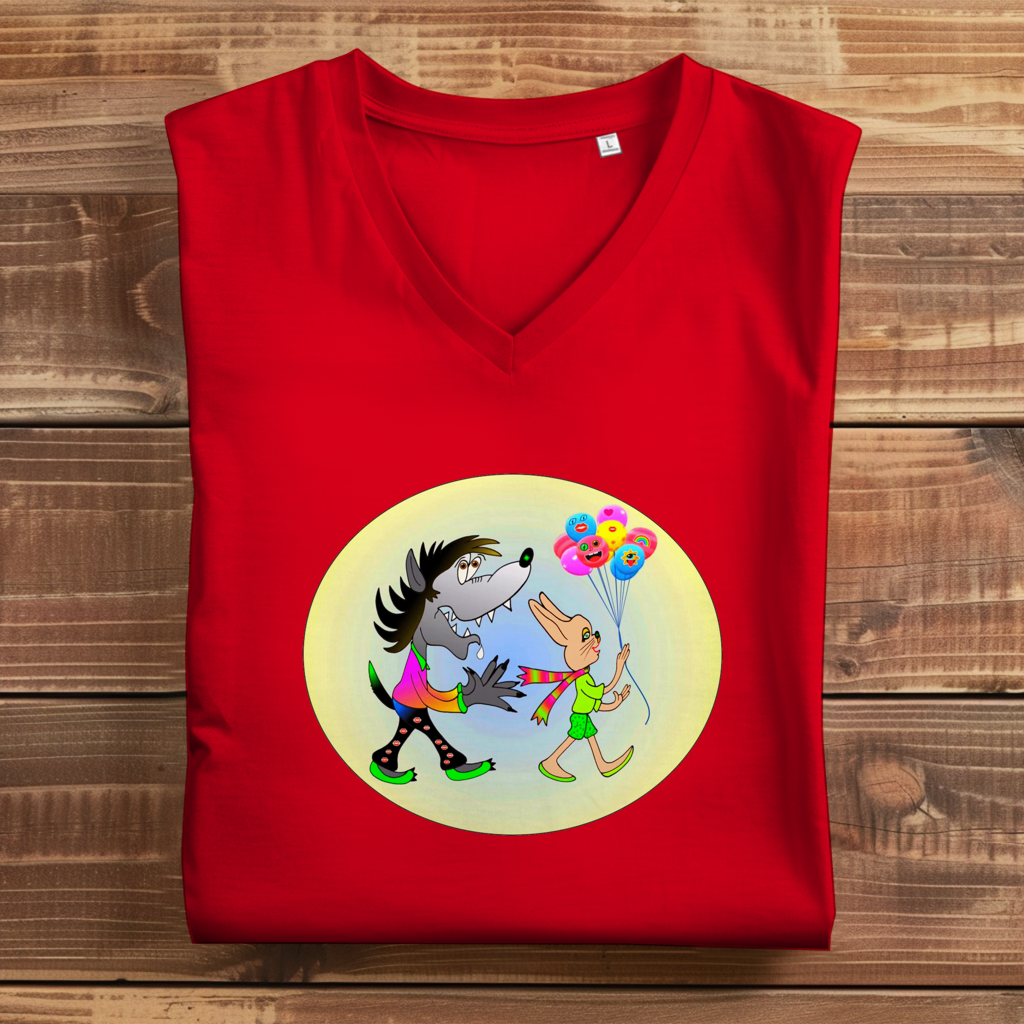 Damen Premium Bio V-Neck T-Shirt Hase und Wolf