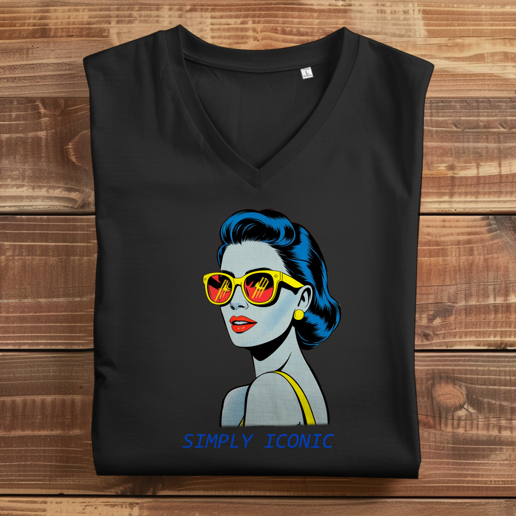 Damen Premium Bio V-Neck T-Shirt Frau mit Sonnenbrille