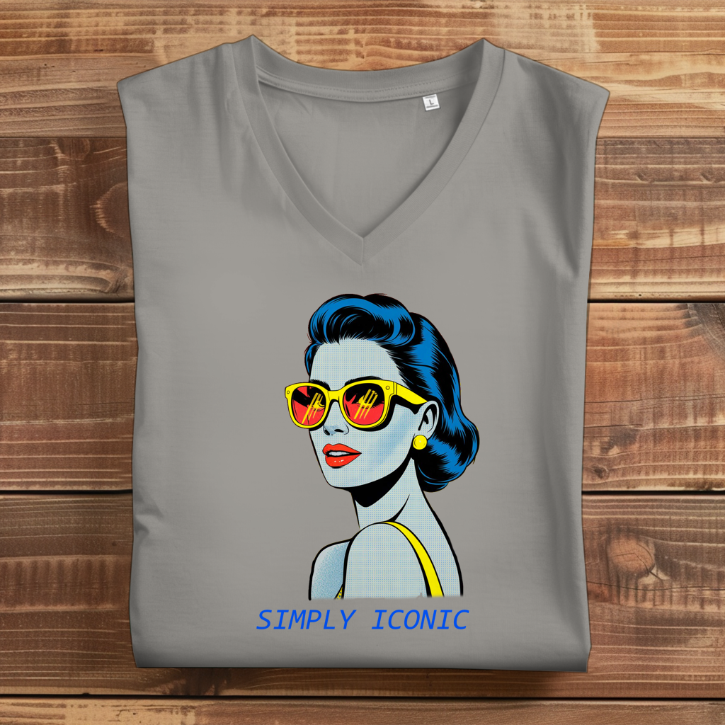 Damen Premium Bio V-Neck T-Shirt Frau mit Sonnenbrille