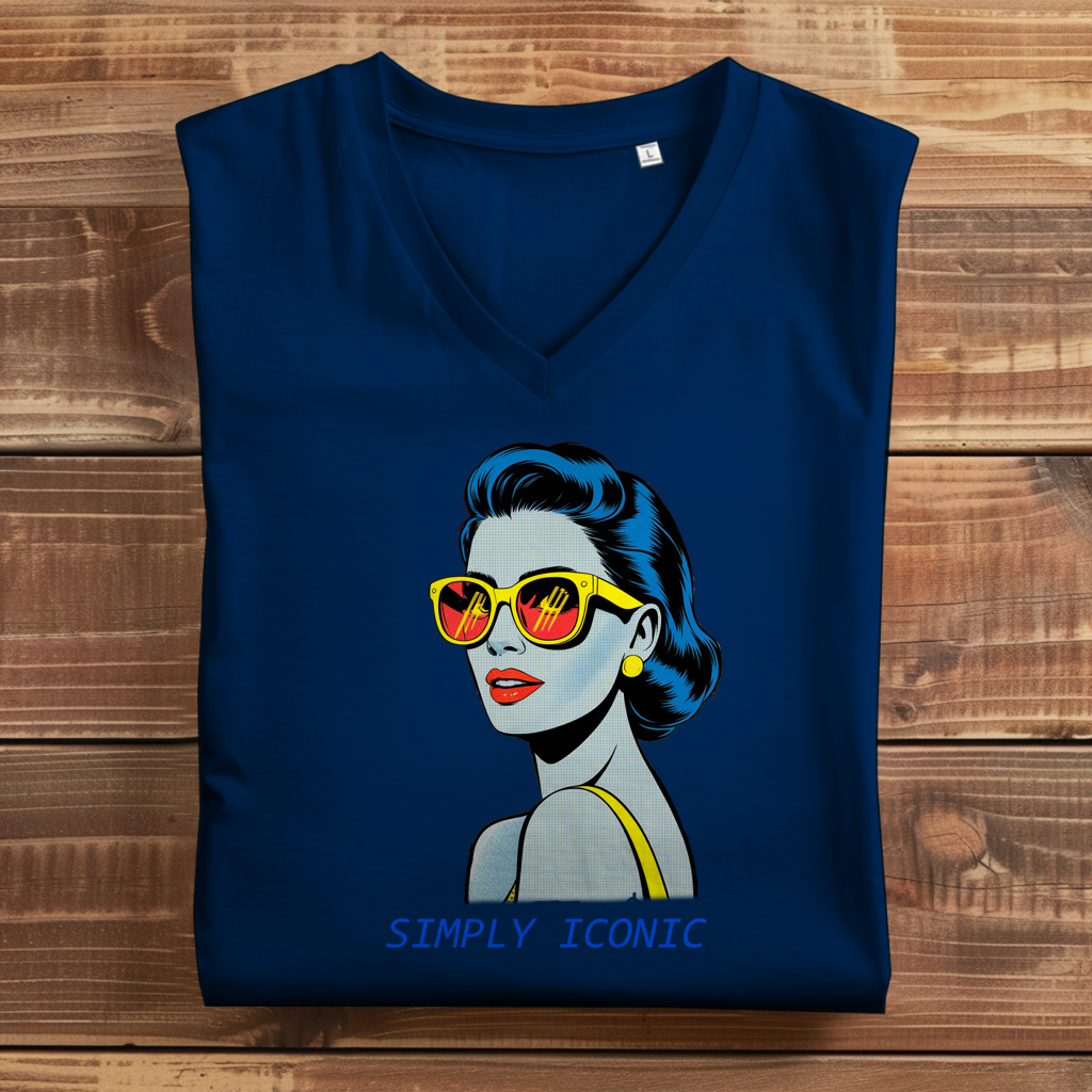 Damen Premium Bio V-Neck T-Shirt Frau mit Sonnenbrille