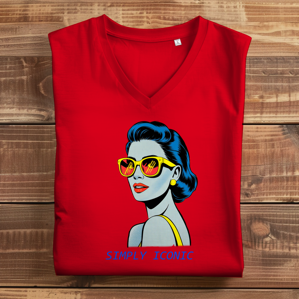 Damen Premium Bio V-Neck T-Shirt Frau mit Sonnenbrille