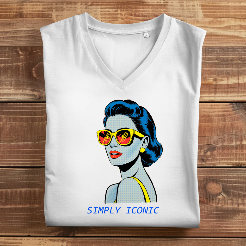 Damen Premium Bio V-Neck T-Shirt Frau mit Sonnenbrille