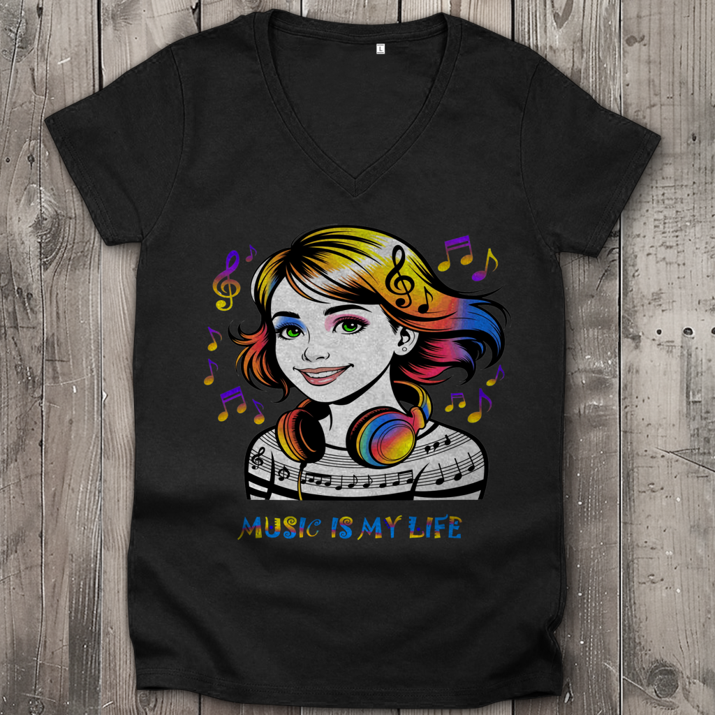 Damen Premium Bio V-Neck T-Shirt Music is my life