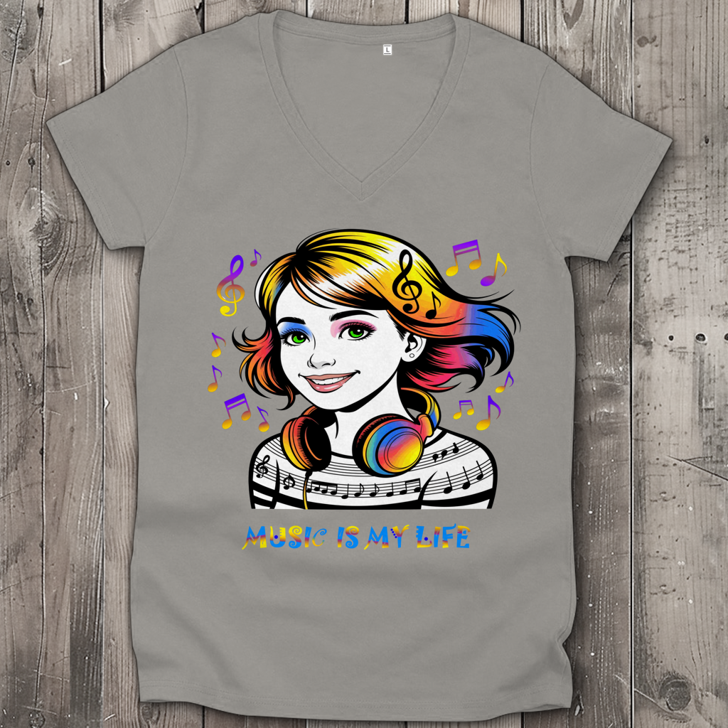 Damen Premium Bio V-Neck T-Shirt Music is my life