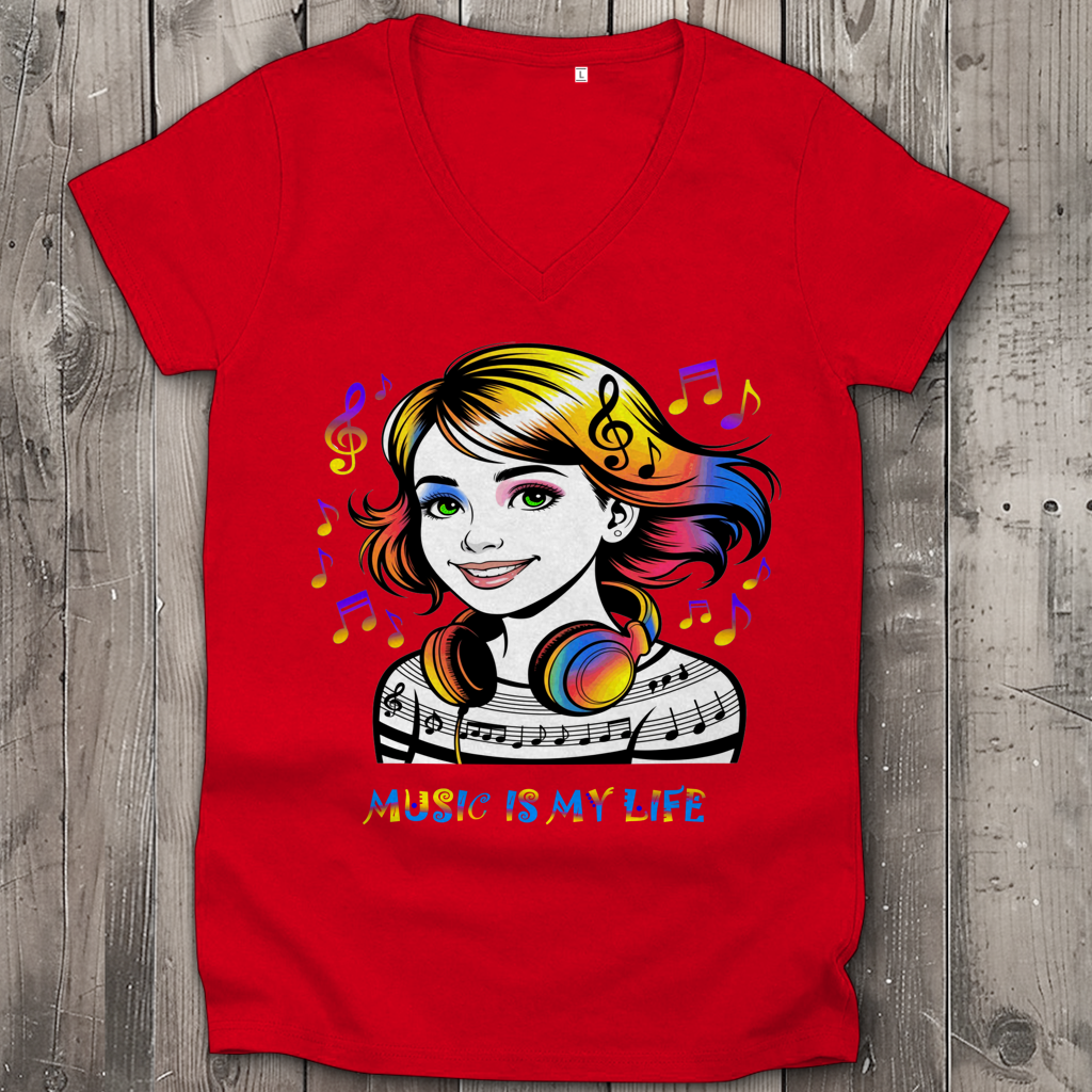 Damen Premium Bio V-Neck T-Shirt Music is my life