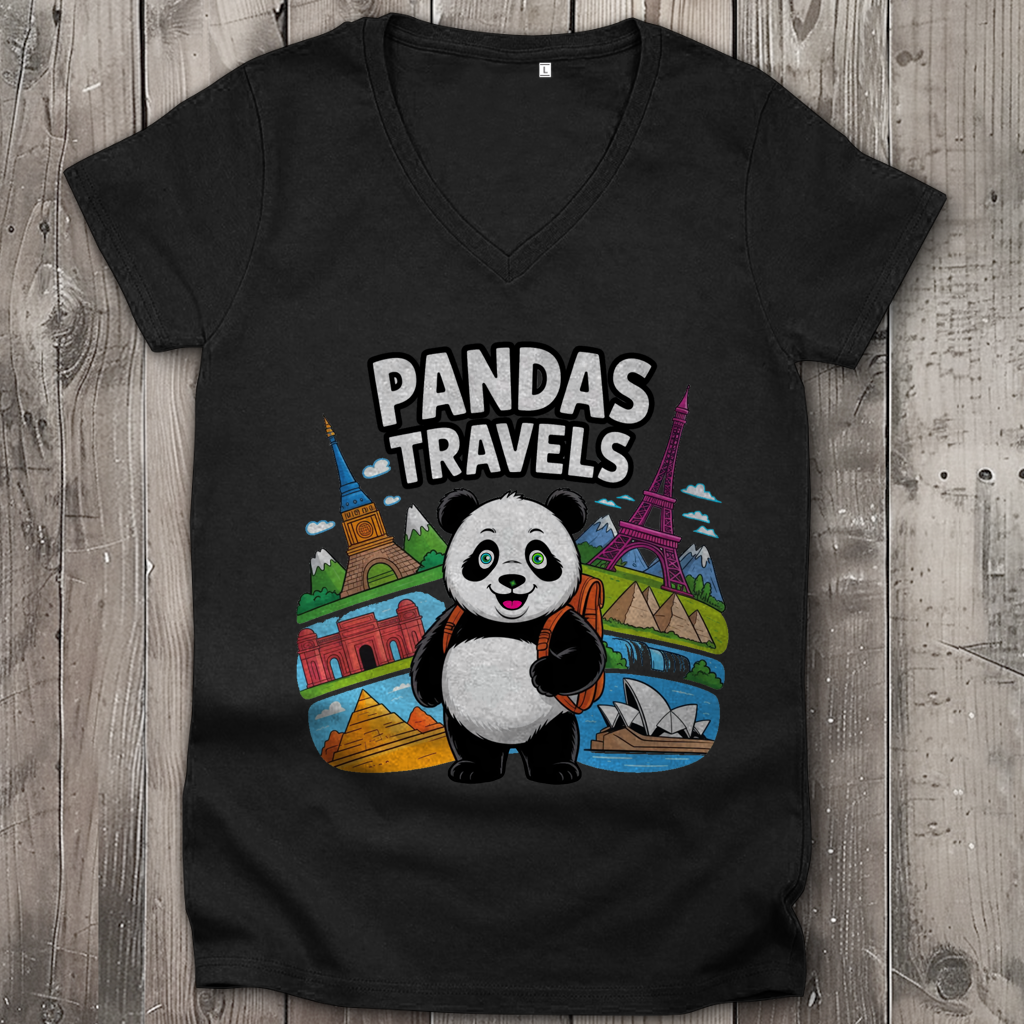 Damen Premium Bio V-Neck T-Shirt Panda Travels