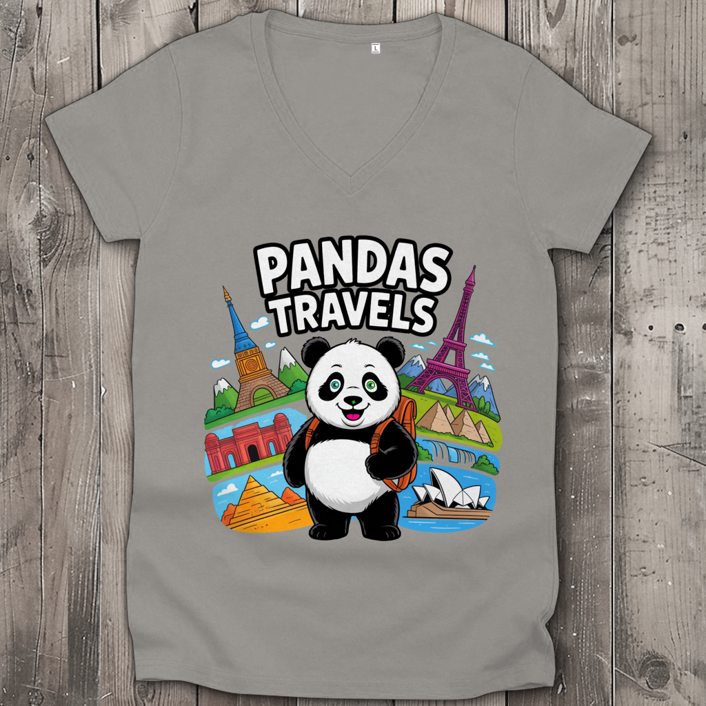 Damen Premium Bio V-Neck T-Shirt Panda Travels